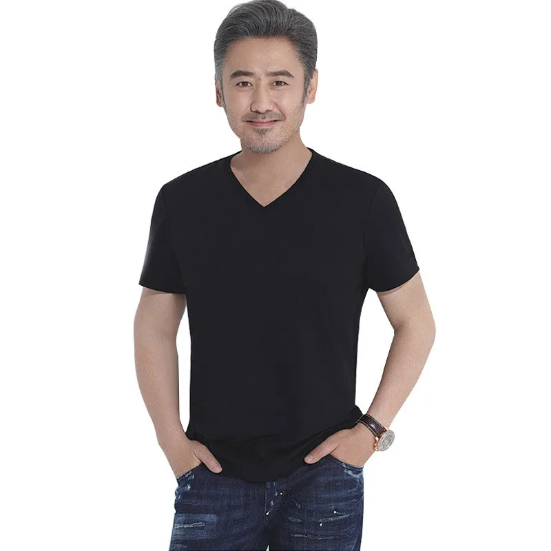 Хлопковая Однотонная футболка Мужская с v-образным вырезом и коротким рукавом