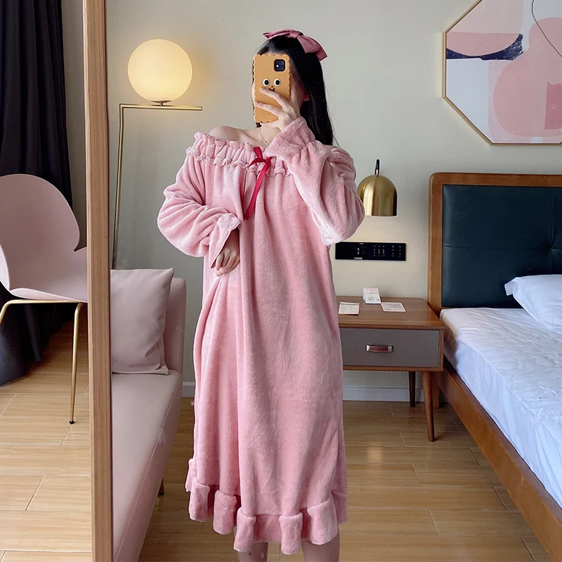 Flannel Night Skirt Horizontal Neck Women Sleepwear Sexy Winter Pullover Bowknot Medium Style