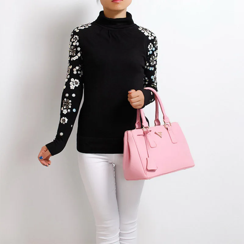 2021 Womens Sweater Long Sleeve Whit Hand-made Beading Chic Turtleneck Sweaters Black Ladies Elegant Pullovers Winter Tops | Женская