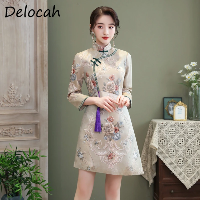 

Delocah Women Summer Fashion Runway Party Asymmetrical Dress 3/4 Sleeve Elegant Bodycon Ladies Vintage Short Dresses Vestidos