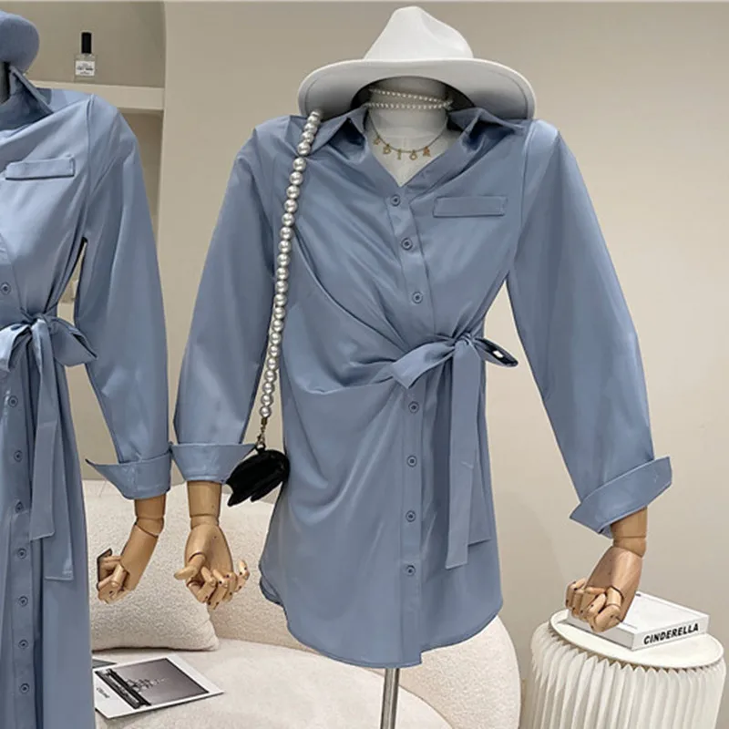 

Women's Spring Summer 2021 Fashion Design pleated bottom strap Blue Medium Length shirt Short dress
