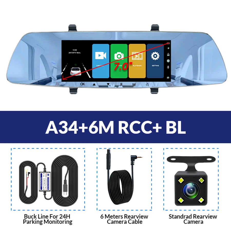 A34-6M RCC-BL E-ACE Автомобильный видеорегистратор FHD 1080P зеркало заднего вида g-сенсор видеорегистратор ночного видения видеорегистратор Двойной объектив Автомобильная камера с объективом заднего вида - Название цвета: A34-6M RCC-BL