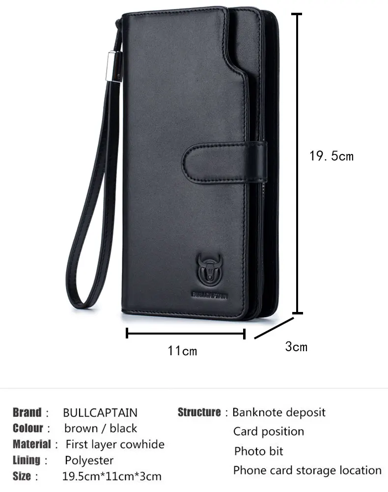 BULLCAPTAIN мужской кошелек клатч из натуральной кожи брендовый Rfid кошелек Мужской органайзер для сотового телефона клатч на запястье Длинный кошелек для монет