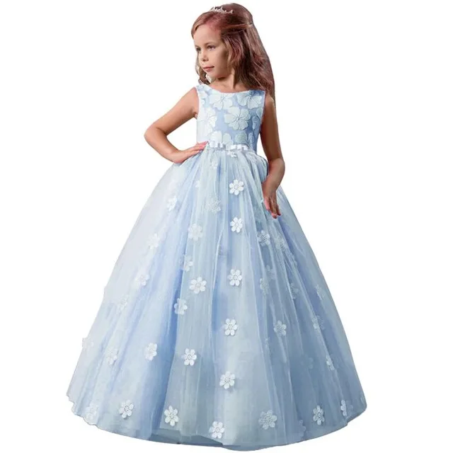 Light blue Летнее праздничное платье подружки невесты с аппликацией для девочек Детские платья для девочек, детское торжественное платье принцессы Свадебное платье для детей 10-12 лет - Цвет: Light blue