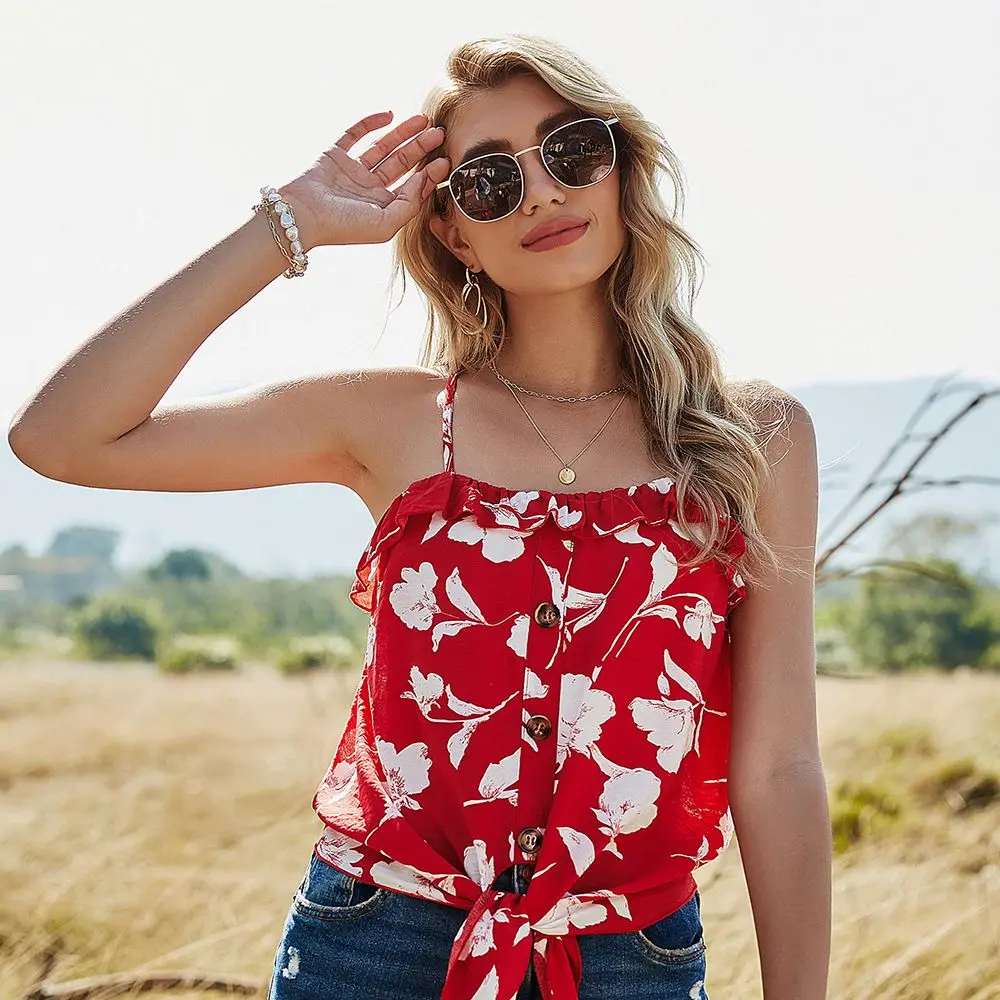 

Spring And Summer New Product Bandage Holiday Print European And American Sling Top For Women's Outer Wear