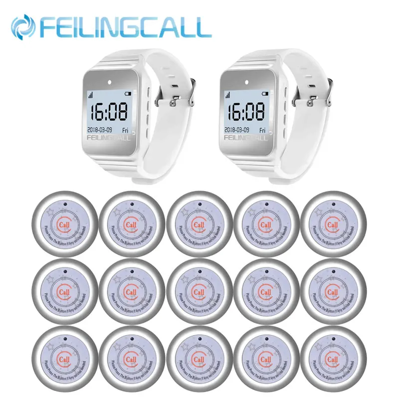 FEILING Multi-Language Wireless Watch Receiver +15pcs C7 Hookah Button Waiter Call Restaurant Pager For Cafe Customer Service