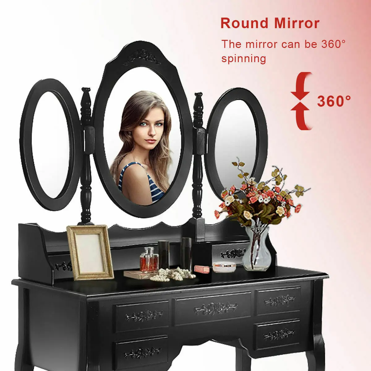 

Costway Black Tri Folding Oval Wood Vanity Makeup Table Set 7 Drawers