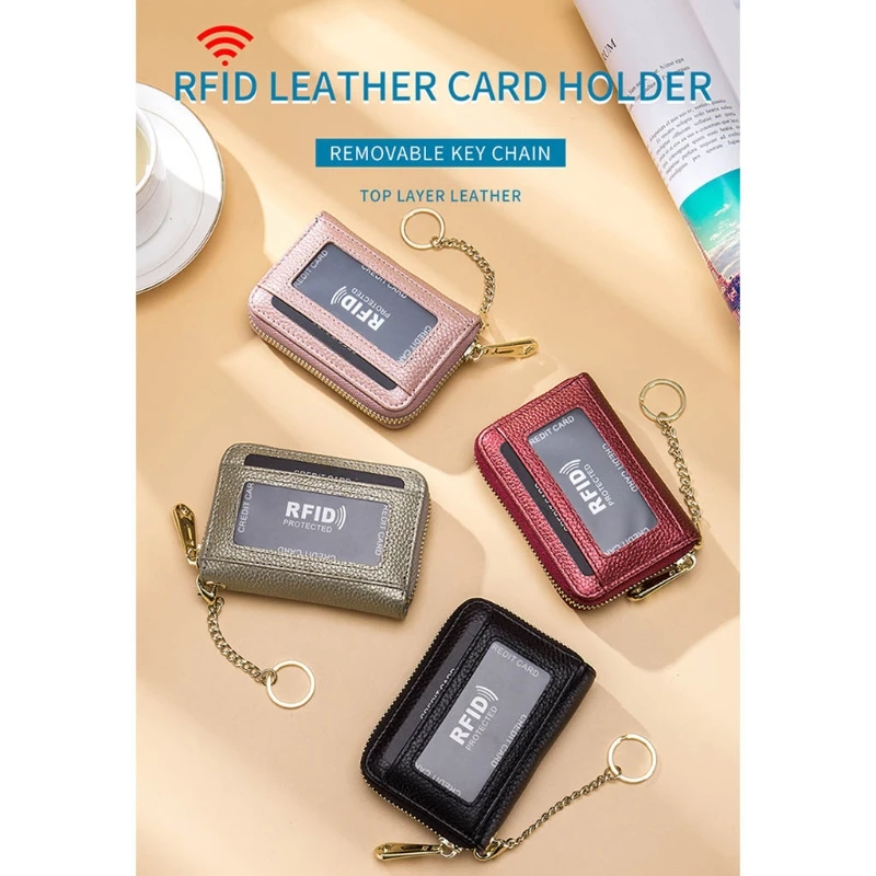 

Leather Credit Card Wallet RFID Zipper Pocket with Removable Keychain Coin Purse Case Pouch Holder