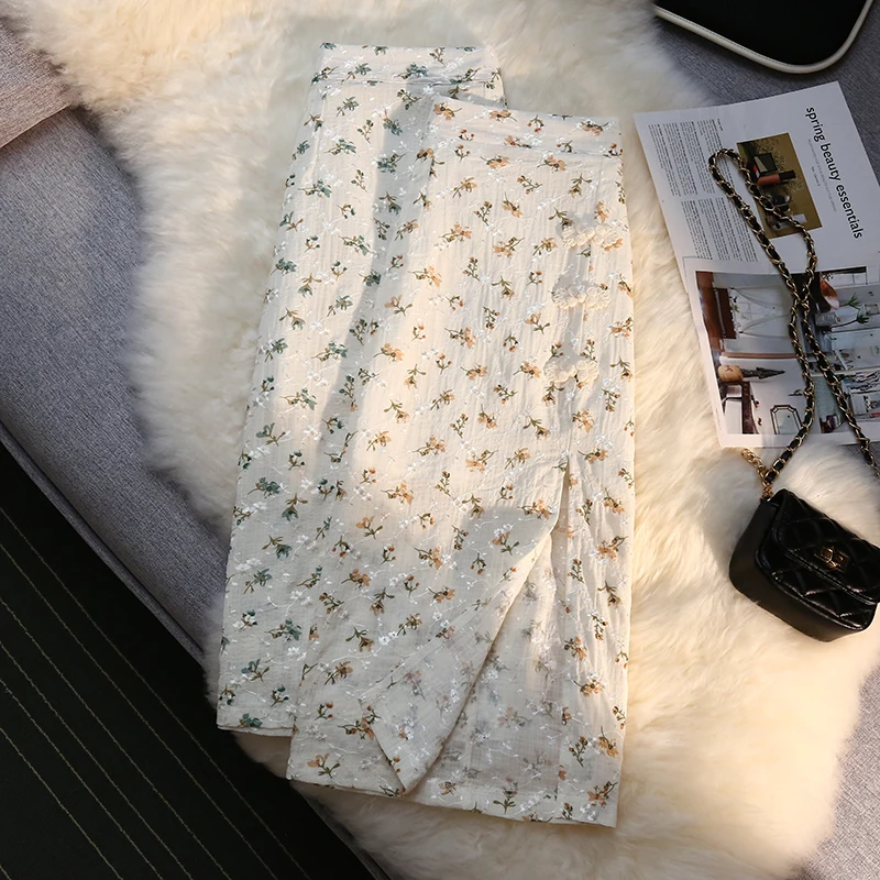 

Limiguyue Elegant Summer Women Midi Skirt Split High Waist A Line Skirts Lace Flower Floral Skirts Gentle Sweet Jupe Femme K2089