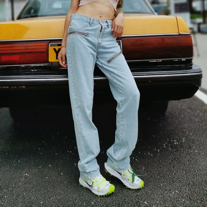 Lightblue TWOTWINSTYLE выдалбливают уличная джинсовые женские брюки шорты с завышенной талией и карманами молния прямые джинсы женские осень Мода Новинка - Цвет: Lightblue