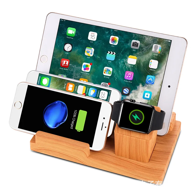 4 PORT Bamboo Wooden Charging Station Dock & Organizer for Smartphones, Tablets & Other Gadgets For I  watch Charging stand