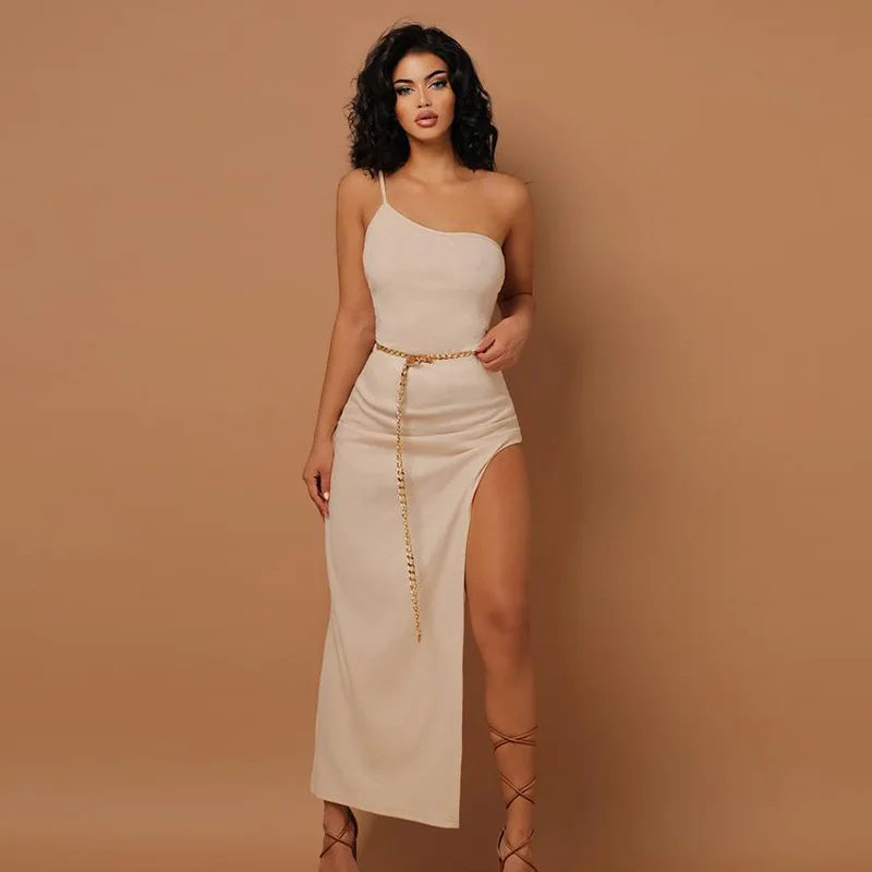 

One Shoulder Diagonal Collar Spaghetti Straps Slim High Splits Solid Color Women Dress Summer Women New Fashion Maxi Dress 2021