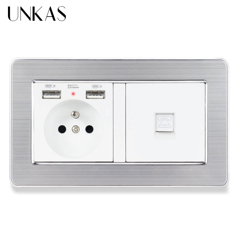 Штепсельная розетка UNKAS из нержавеющей стали с матовым серебристым корпусом