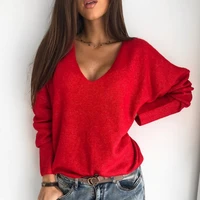 4 colors women sweater fashion autumn winter warm solid color long sleeved v collar loose pullover knitted tops bottom sweater