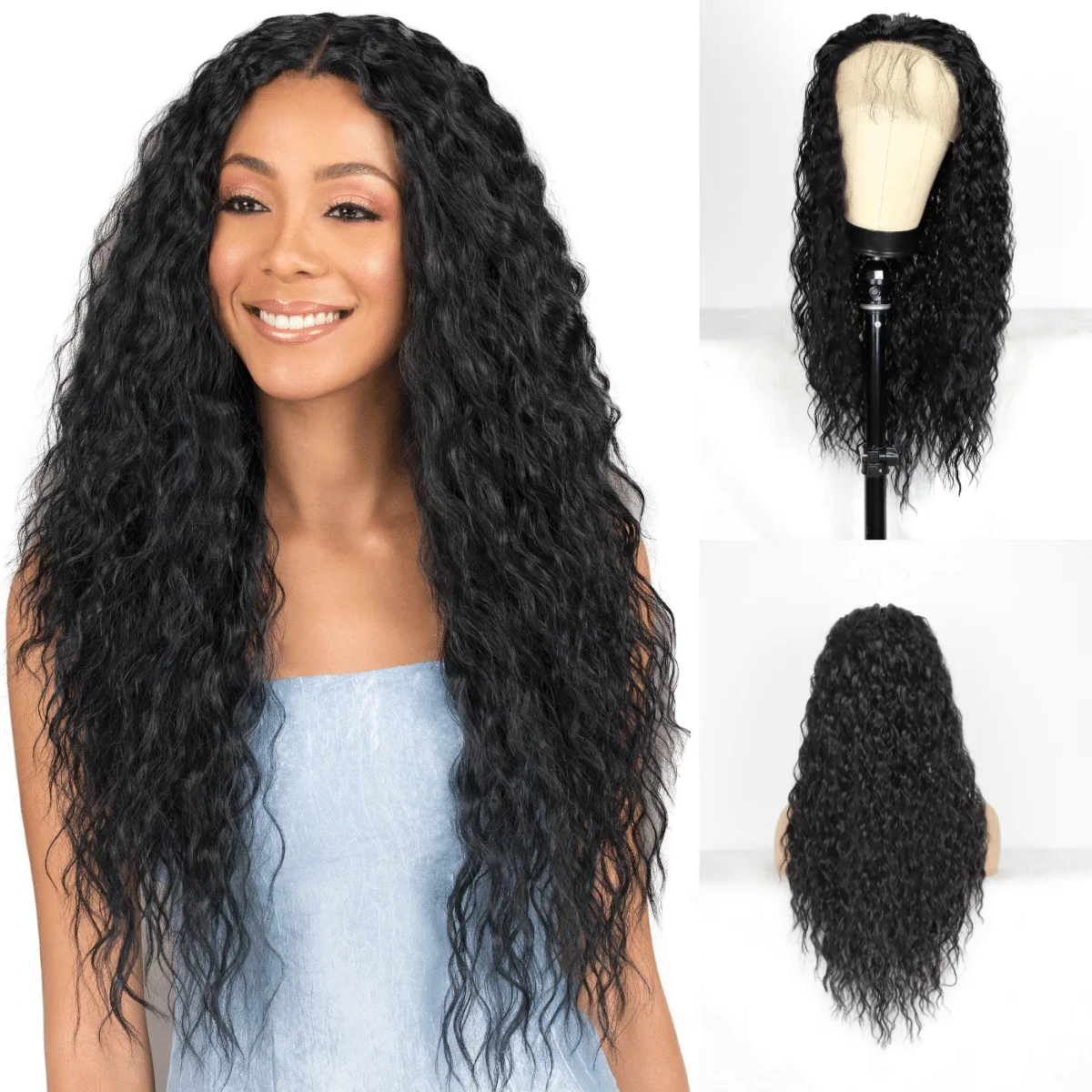 Curly Lace Front Wigs Long Loose Curly Glueless for Women Heat Resistant Fiber Synthetic Hair with Baby Hair Natural Black