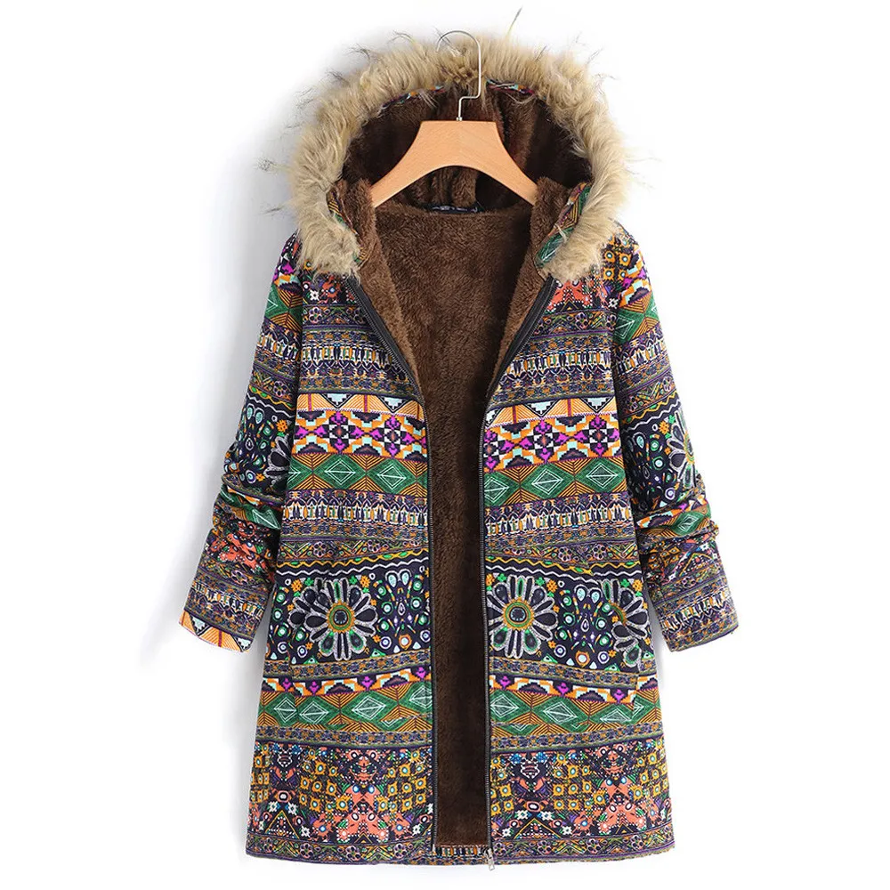 Женское теплое пальто Boho с меховым капюшоном размера плюс из плотного флиса
