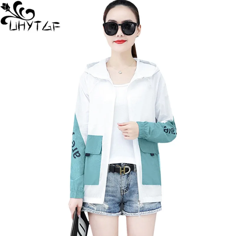 

UHYTGF 3XL plus size sun protection clothing women casual thin jacket fashion hooded outdoor summer tops students short coat 954