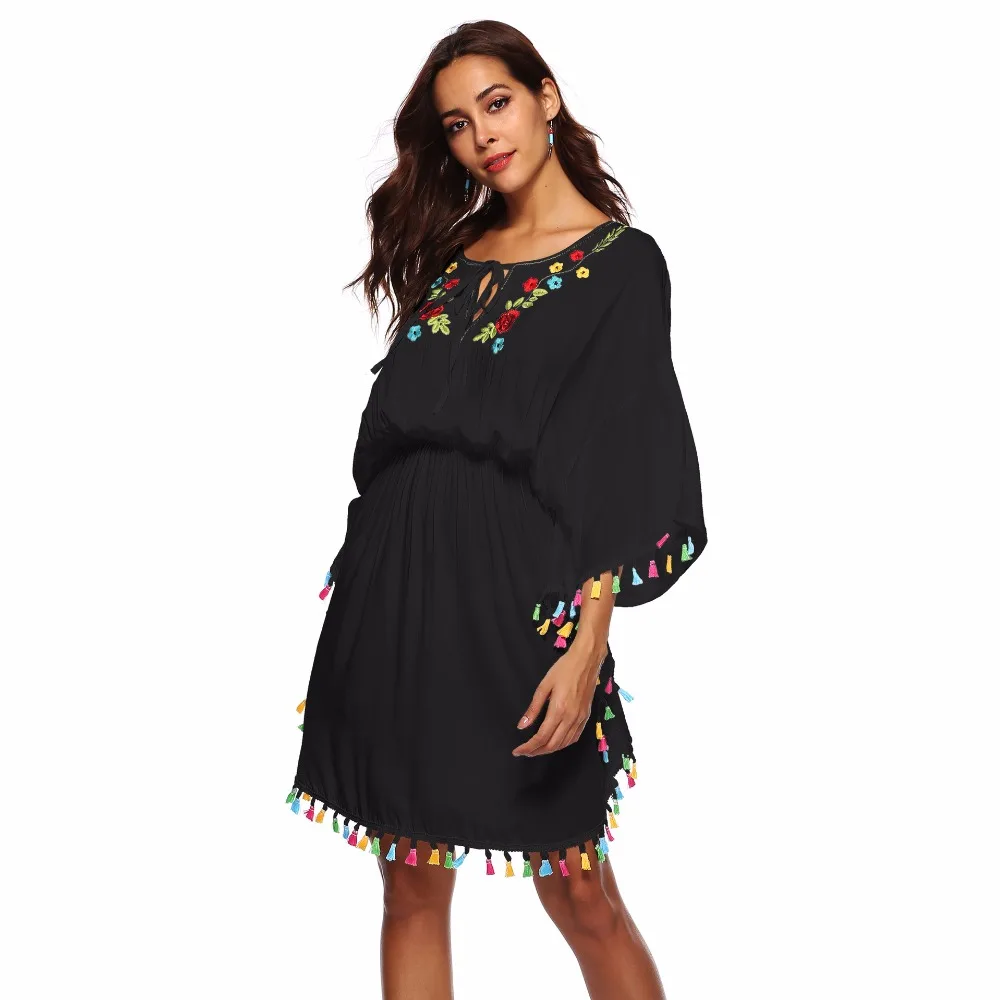 Белая хлопковая туника Пляжное Платье на шнуровке рукав летучая мышь высокая