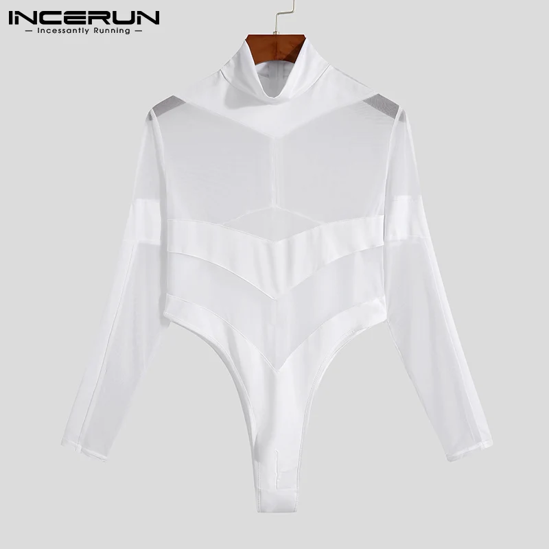 

INCERUN Comfortable Homewear New Men's Sexy Leisure Jumpsuit Breathable Mesh Solid All-match Onesies Long-sleeved Bodysuit S-5XL