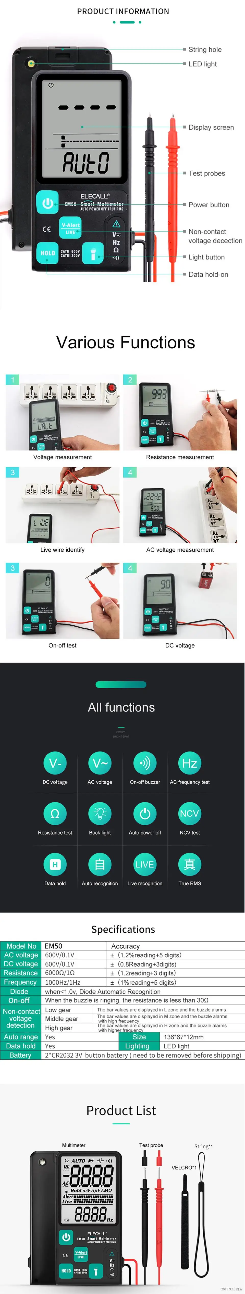 Ультратонкий цифровой мультиметр ELECALL EM50 с большим экраном дисплея 3," истинное среднеквадратичное значение вольтметр напряжение NCV сопротивление 3 линии
