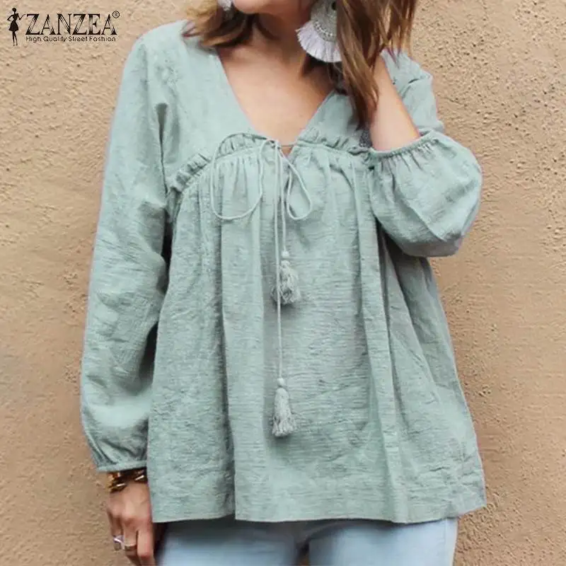 Фото Осенняя Однотонная рубашка с оборками от ZANZEA Женская Повседневная Блузка
