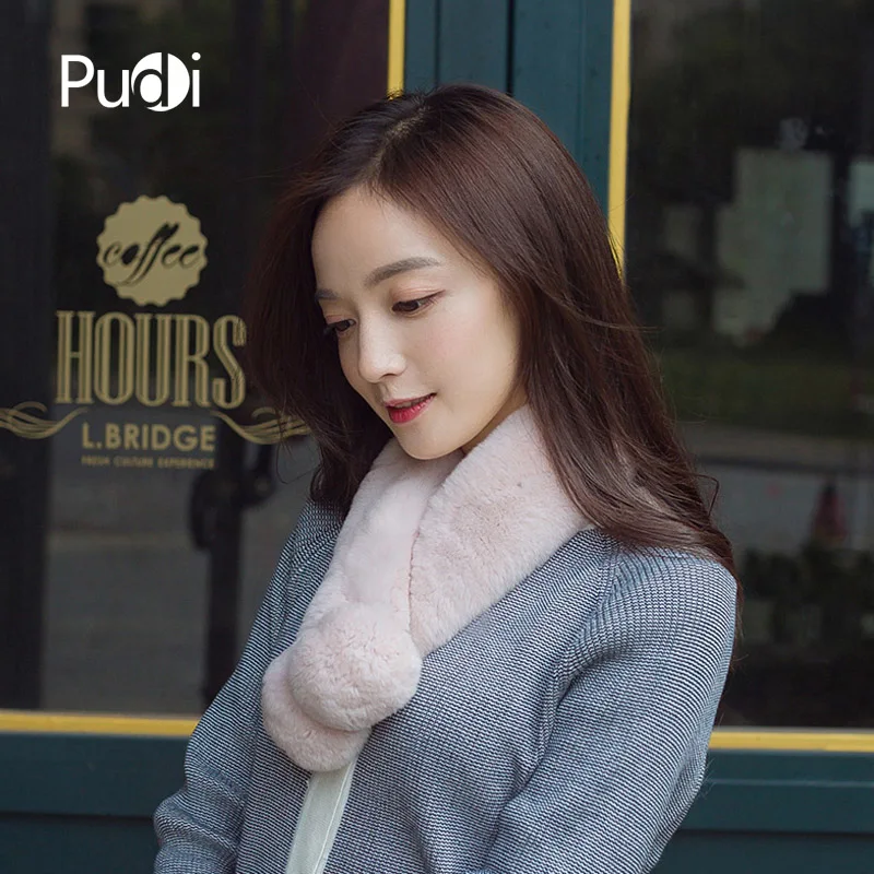 

Pudi SF745 Real Rex Rabbit Fur Scarf With Two Balls Pom Pom Pelt Fur Scarf 9 Colors Winter Scarf