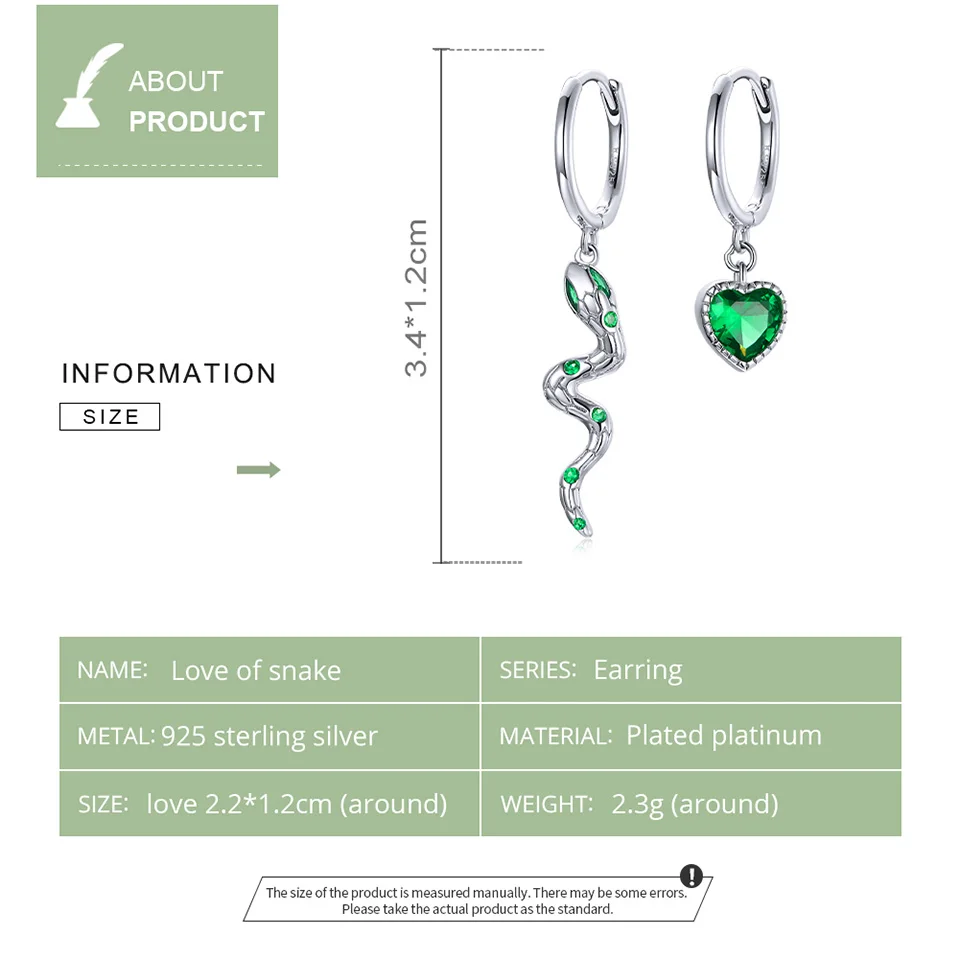 

VOROCO Love of Green Snake Stud Earrings 925 Sterling Silver for Women Green CZ Circle Fashion Earrings Jewelry Brincos BKE1006