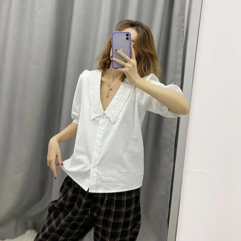 Женская белая рубашка лето 2020 новая мода короткий топ с рукавом до локтя