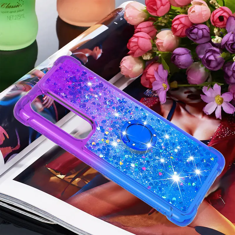 

For Xiaomi Mi Note 10 Lite Case Liquid Quicksand Bling Glitter Phone Cases For Mi Note 10 Lite 6.47 inch Finger Ring Back Cover