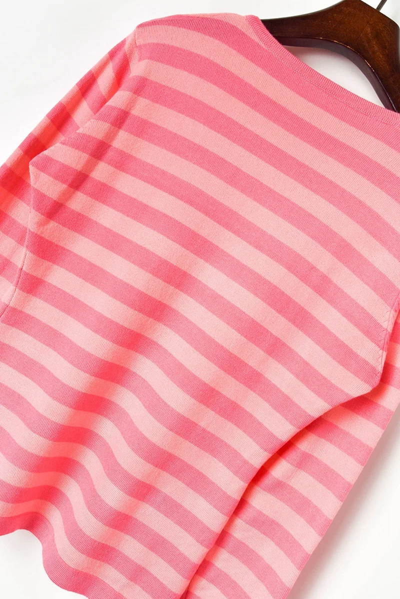 

Luxury Brand Designer Knitted Pullovers for Women Hand Crochet Lace Shawl Collar Pink Stripe Loose Knitted Sweater