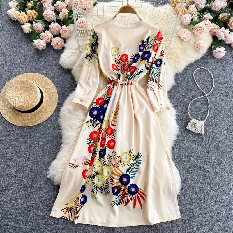 

Fashion Summer Clothing for Women 2021 New Female Three Quarter Sleeves Draw String Midi Print Vintage Dress Casual Vestidos