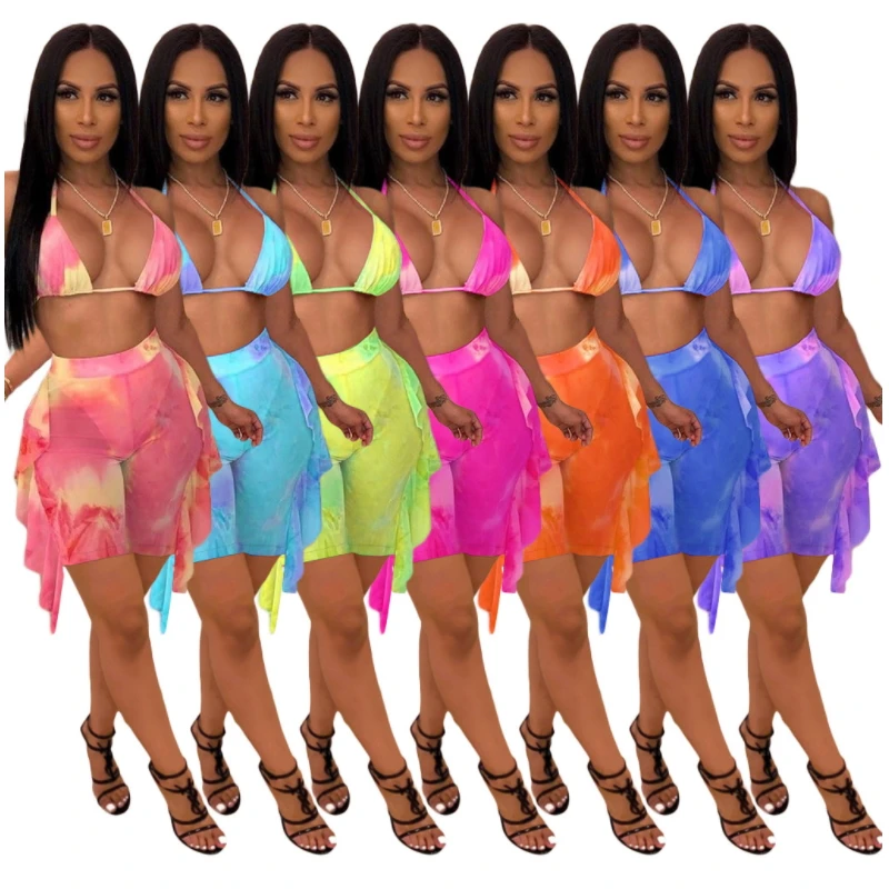

Summer Style Tie Dye Printed Two Piece Set Backless Halter Crop Top And Shorts Mesh Sexy Bikini Set Beach Ruffles Bathing Suit