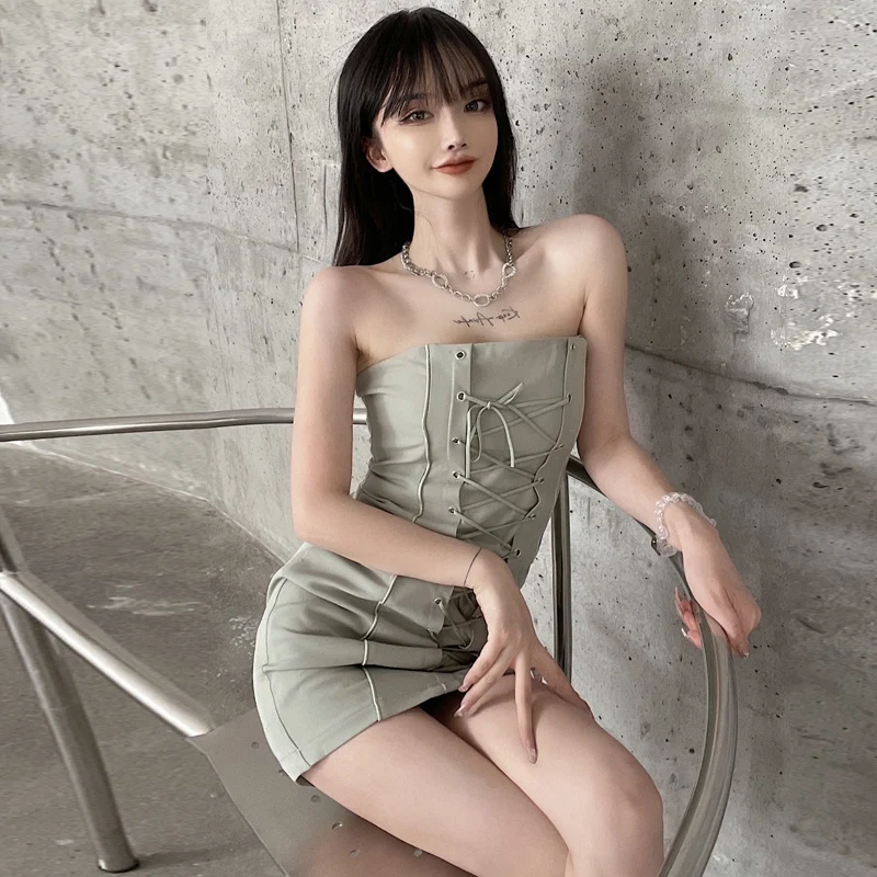 

Fashion Slim Tube Top Dress Women'S Dress Clothing Vintage Casual Bandage Dress Ladies Korean Solid Color Short Mini Party Dress