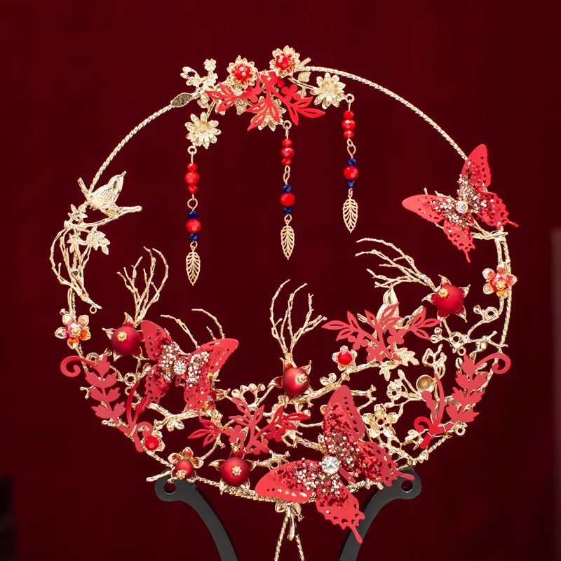 JaneVini 2019 новейший дизайнер невесты Ручной Веер красный металлический цветок