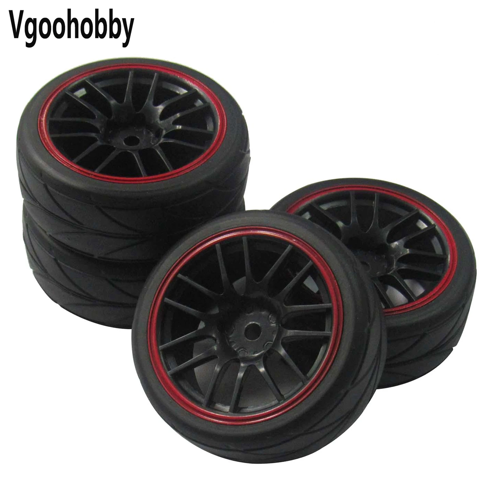 

12mm Hex Wheel Rims & Rubber Tires for RC 1/10 on-Road Touring Drift Car (Pack of 4)