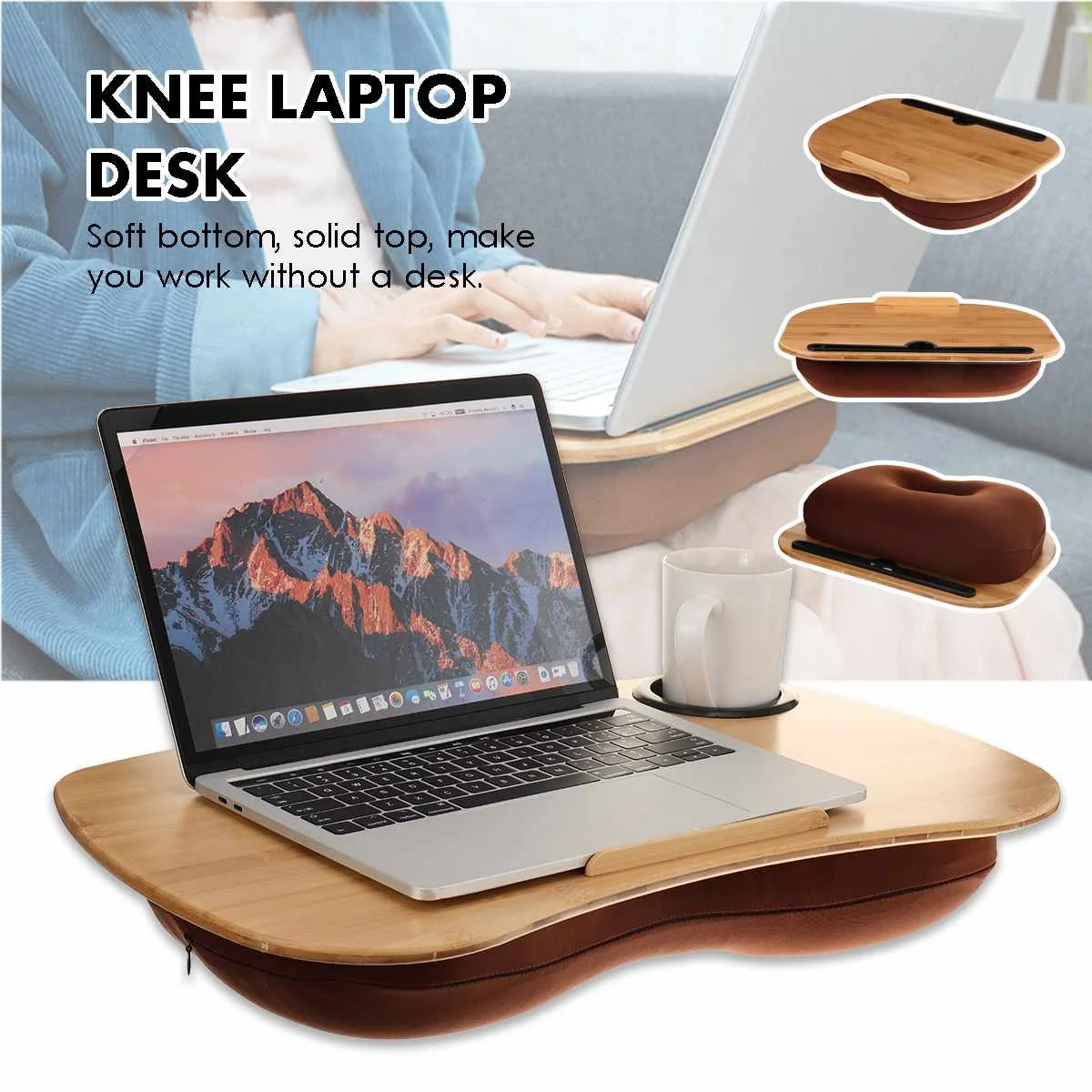 

Bamboo PC Tablet Desk Bed Cushion Knee Handy Computer Reading Table Tablet Tray Cup Holder Laptop Stand Pillow Office Desk