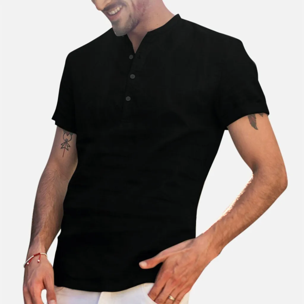 Хлопковые льняные рубашки для мужчин Camisa винтажные однотонные синие Черные