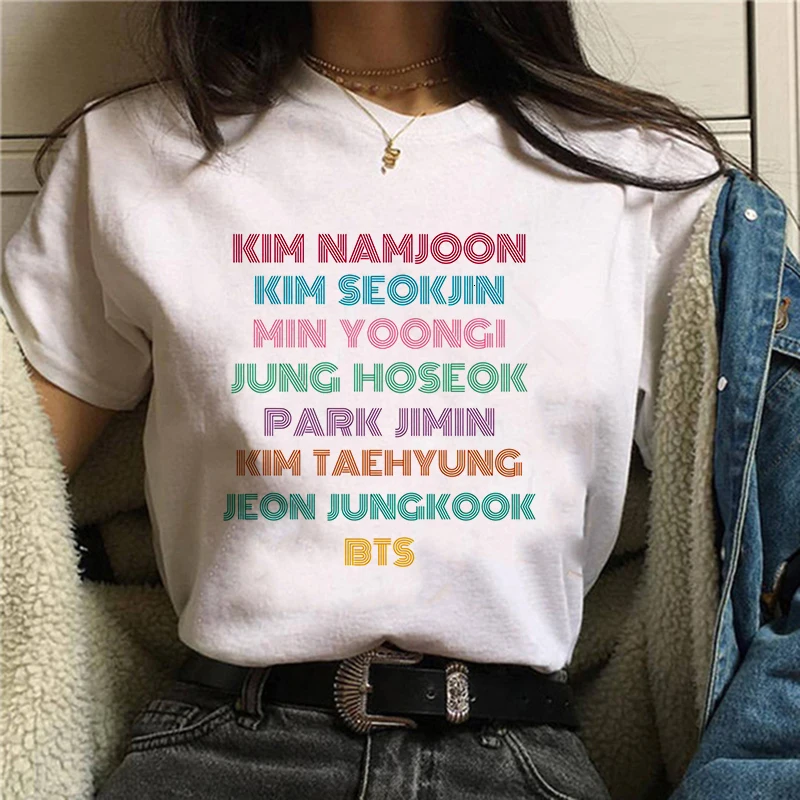 Kawaii женская футболка с принтом букв Bts Новинка альбом настроение оверсайз модная