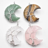 natural crystal pendant tree of life moon shape reiki polished mineral jewelry healing stone for men women jewelry gift 4pcslot