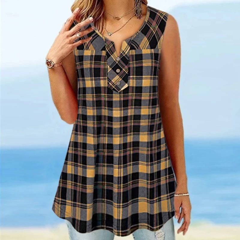 

Plaid Printed Women's Blouse Shirt Casual Sleeveless Tunic Tops Sexy V-neck Comfortable Blouse Women Summer Plus Size 5XL