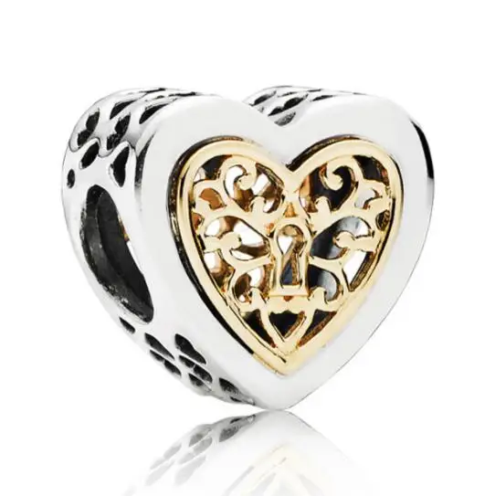 

Genuine 925 Sterling Silver Bead Charm Openwork Silver Gold Locked Hearts Bead Fit Women Pan Bracelet & Necklace Diy Jewelr