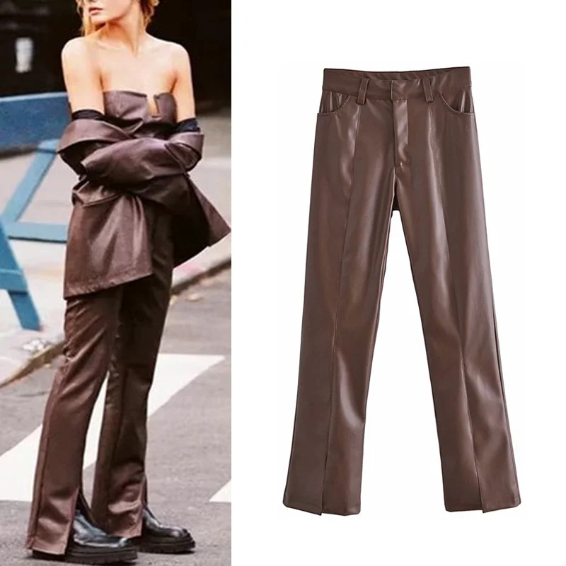 

Женские длинные брюки из искусственной кожи Za, однотонные модные брюки на молнии с пуговицами и карманами, широкие брюки с разрезом для ног, ...