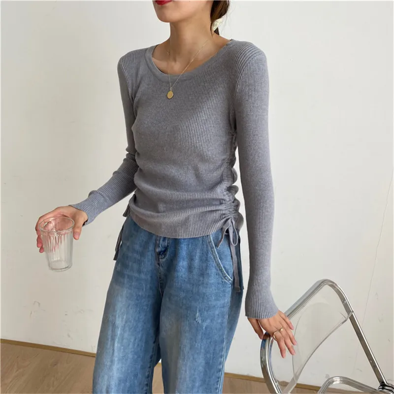 

2021 Autumn Winter Women Sweaters Female Knitted Tops Drawstring Pullover Solid Oneck Loose Elegant Office Lady Casual All Match