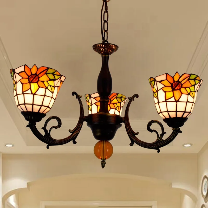 

European-Style Creative Tiffany Colored Glass Living Room Dining Room Bedroom Bar Club Pastoral Taiyanghua 3 Chandelier