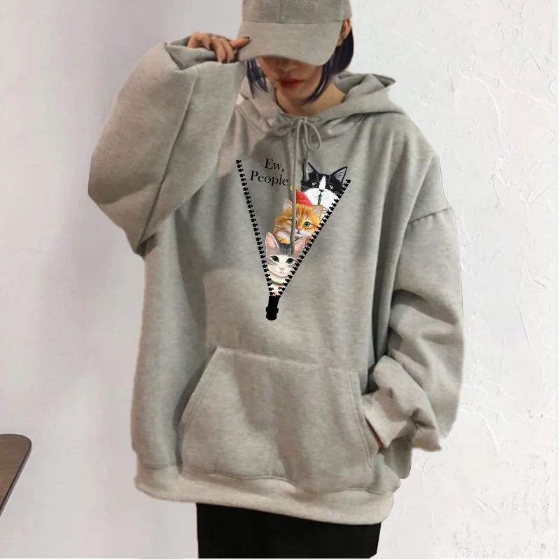 Fashion Women Sweetshirts Hoodie Cute Zipper Cat & Black Cat Print Hooded Tops Harajuku Female Pullover Hoodies