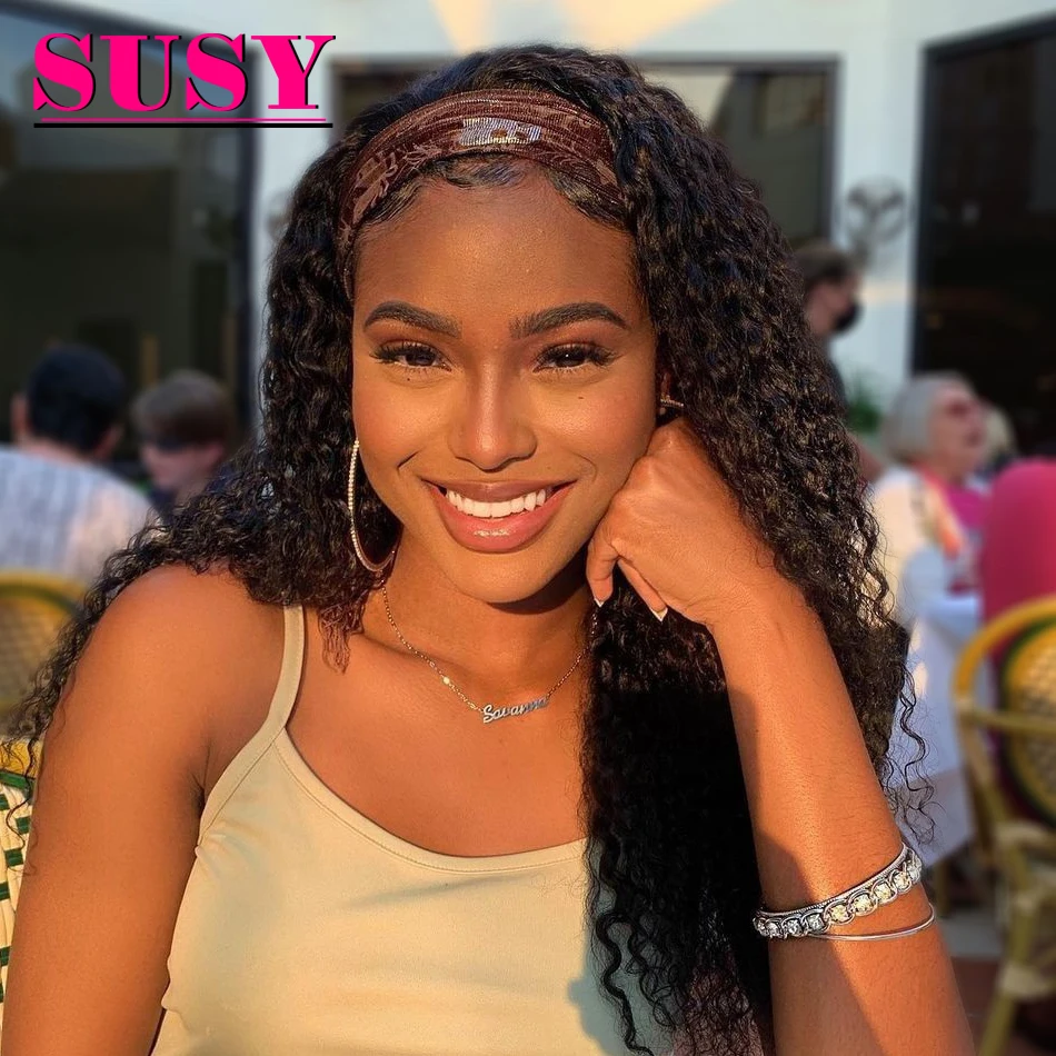 

Mongolian Kinky Curly Human Hair Headband Wigs for Women Designer Head band Wig 180% Density Scarf Wigs With Free Headbands
