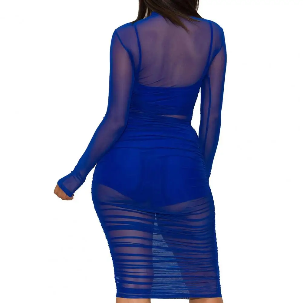 

Sexy Women Long Sleeve See Through Dress Mini Camisole Shorts Set Club Outfit