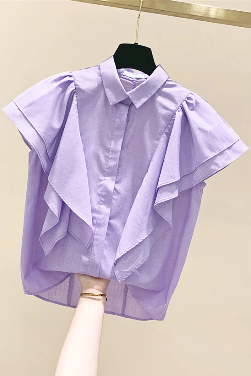 

Ruffled Solid Color Short Sleeve Shirt Female Summer Top Loose Temperament Purple Shirt Blouses Ladies Blouse Blusas