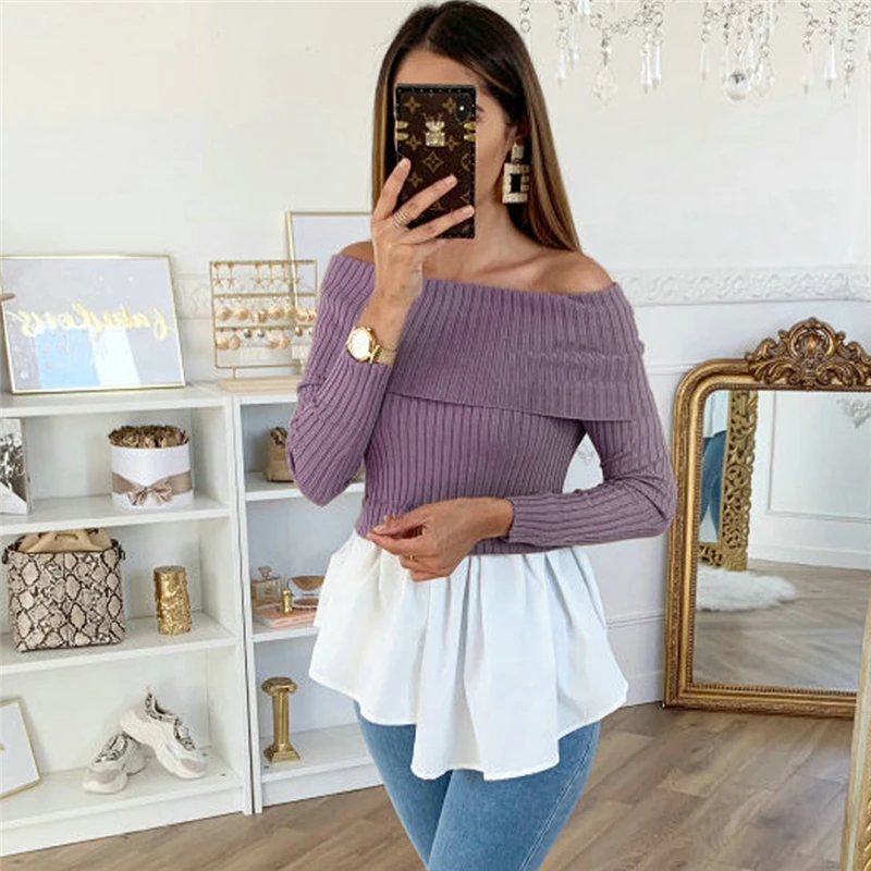 

Womens Tops and Blouses Vintage Knitted Jumper Top Autumn Shirt Elegant Ladies Ruffles Tee Tops Solid Casual Blouse Clothing