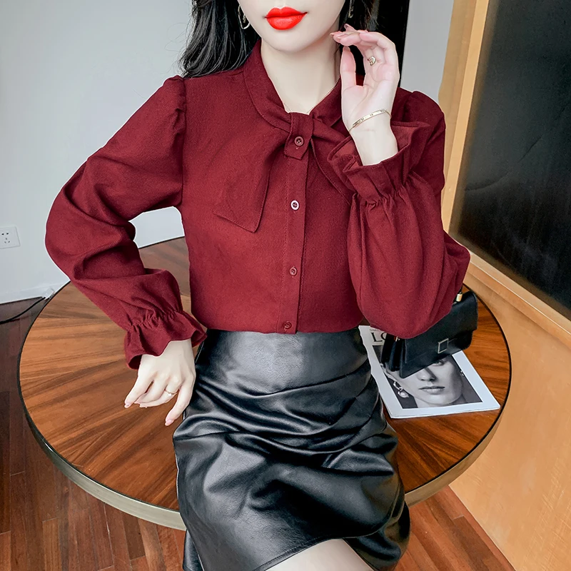 

Blended Women's Blouse Solid Bow Girl Shirt Spring Autumn Long Sleeve Top Casual Fashion Clothing Lady Blusas Houthion